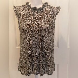 Adrianna Papell Blouse Top Animal Pattern Ruffle Trim Cap Sleeve & Neck Medium